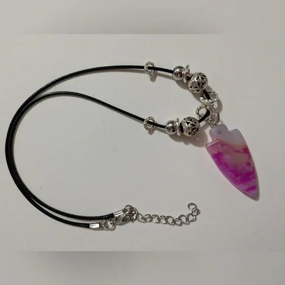 Handmade White & Pink Druzy Arrowhead Silver Beaded Necklace - Picture 8 of 14